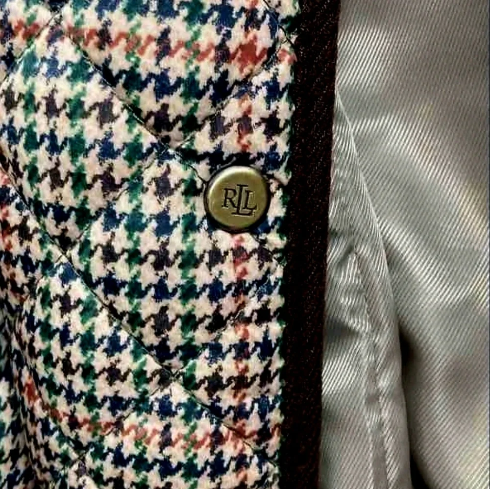 Lauren Ralph Lauren Multicolor Houndstooth Quilted Coat Corduroy Trim XL